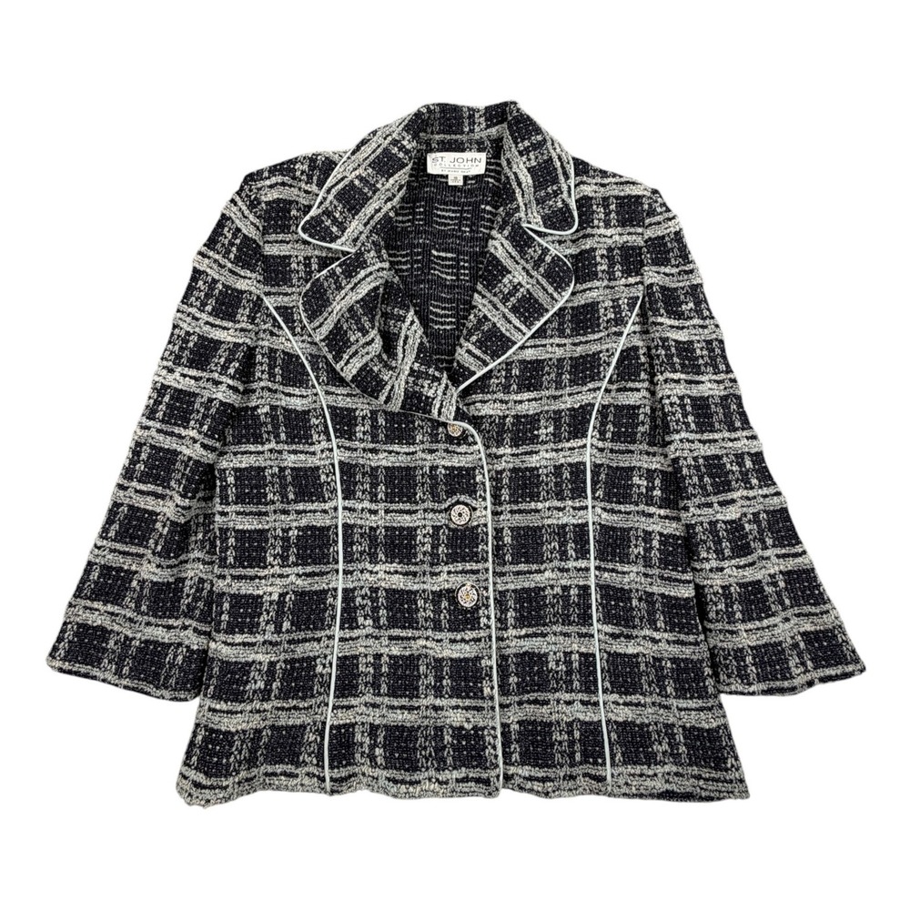 St John Marie Gray Womens Jacket Knit Santana Tweed Plaid Blazer Size 10